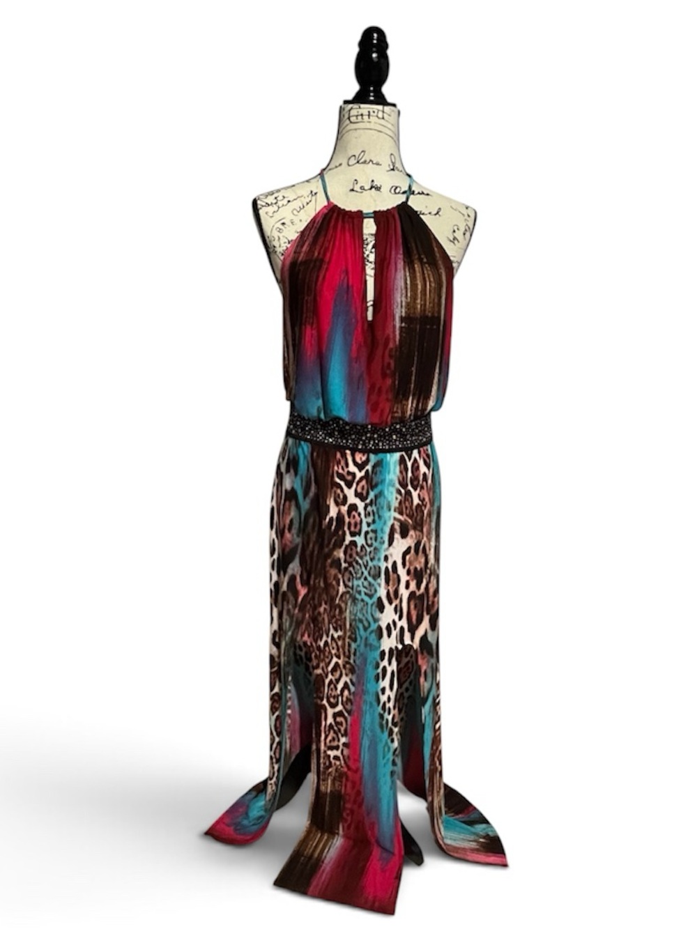 Venus Halter Maxi Dress in Fuchsia, Teal & Leopard Print